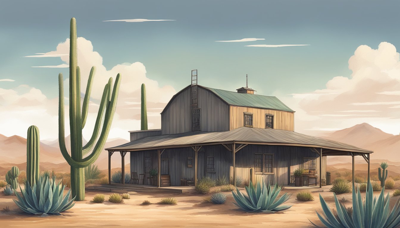 A serene desert landscape with a rustic distillery building surrounded by cacti and agave plants under a peaceful evening sky in Texas