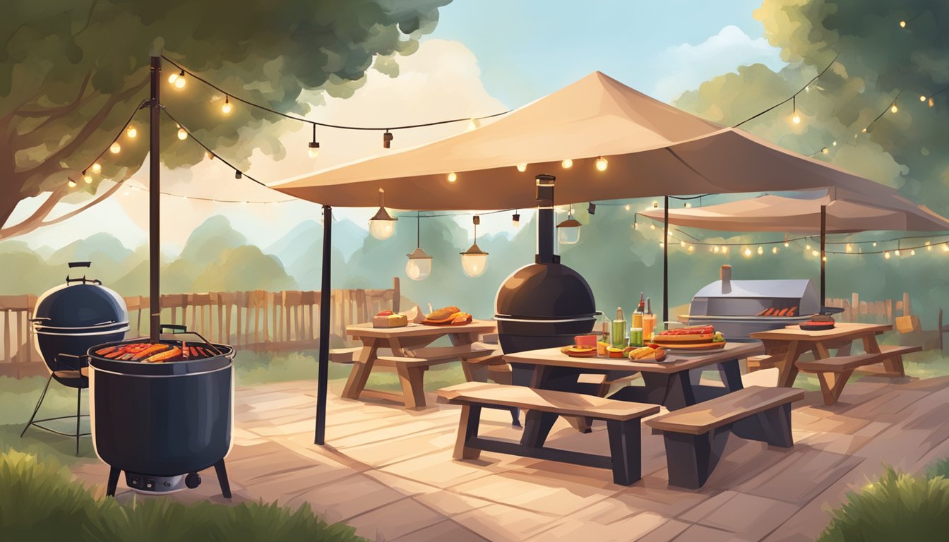 A festive outdoor BBQ setting with picnic tables, string lights, and a large smoker cooking up delicious Texas-style barbecue