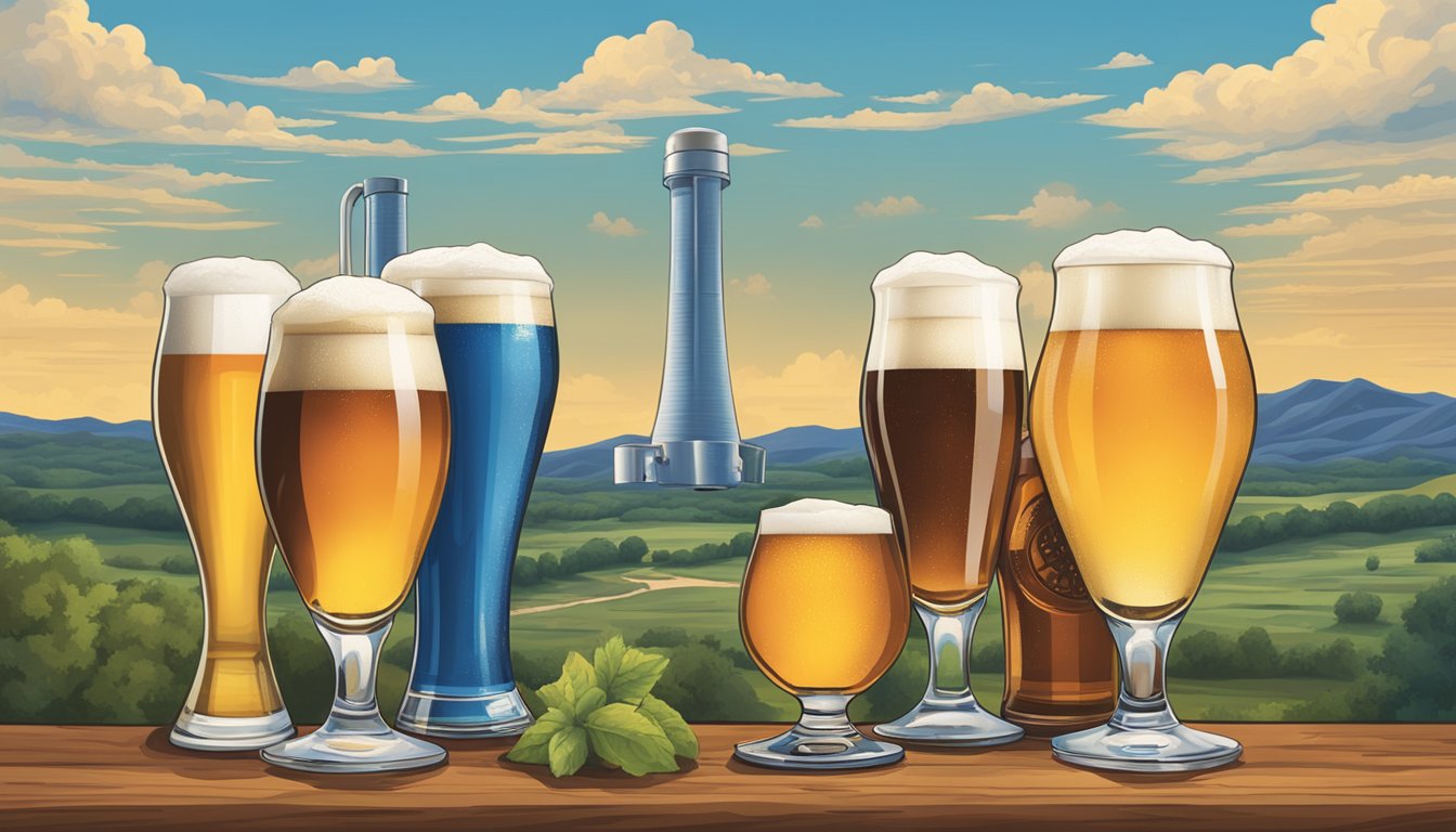 A Texas landscape with 5 distinct breweries, each brewing their own unique Texan beers, set against a backdrop of rolling hills and a big blue sky