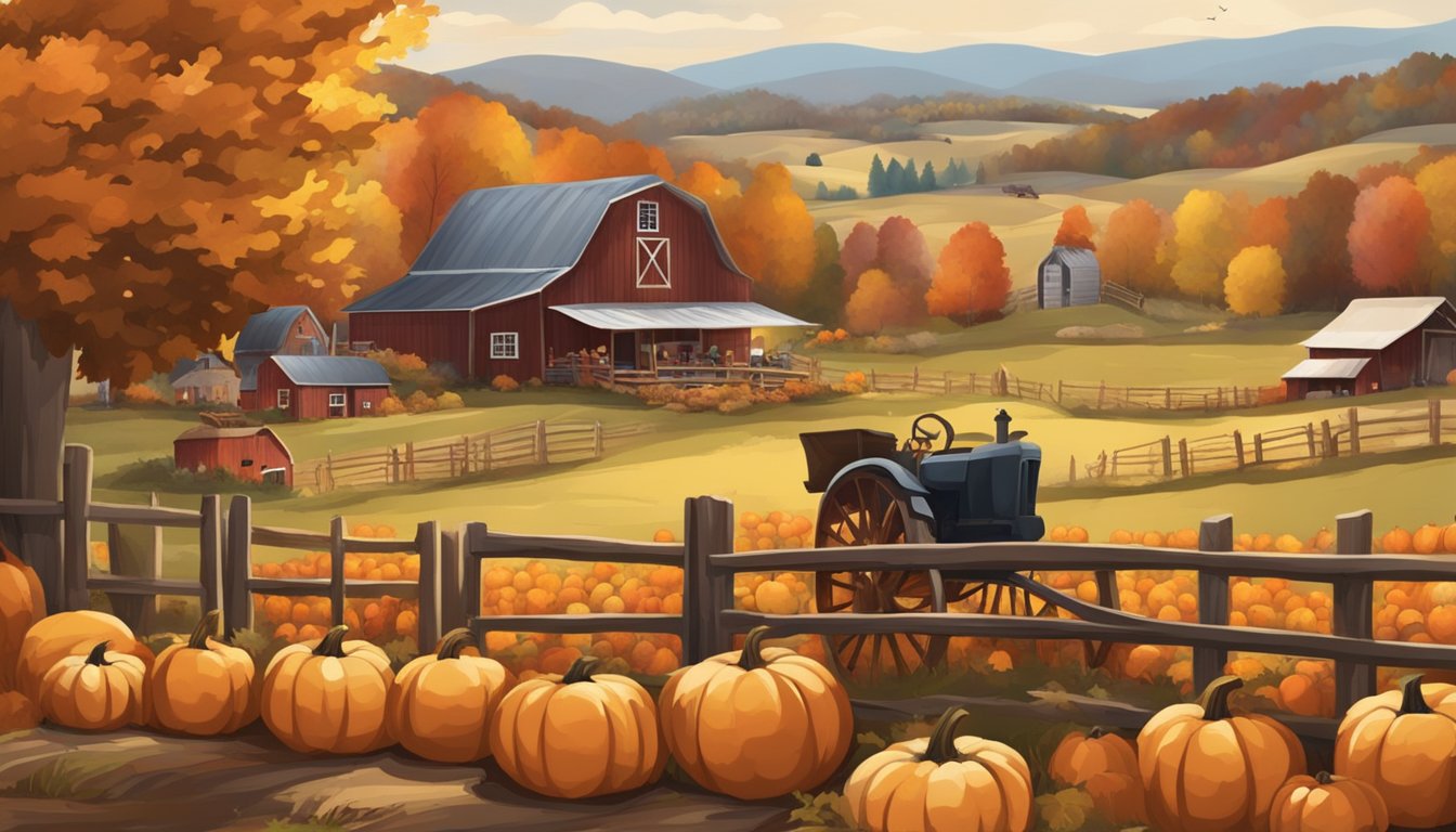 A rustic farm with pumpkins, hay bales, and families enjoying autumn activities