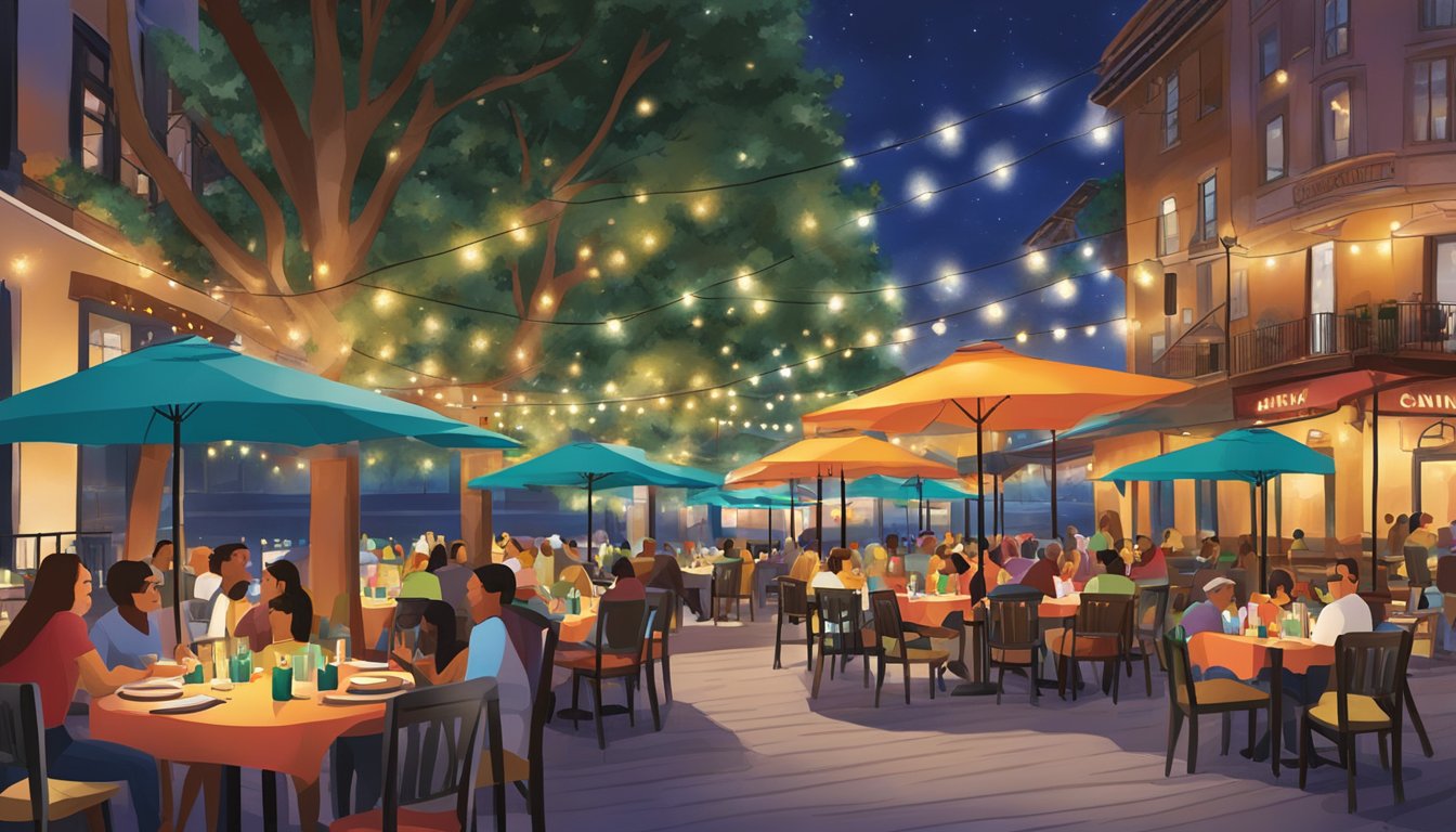 A festive outdoor scene with colorful lights and tables set up for dining at Riverwalk Cantina, surrounded by the bustling atmosphere of 10 Texas restaurants perfect for holiday gatherings