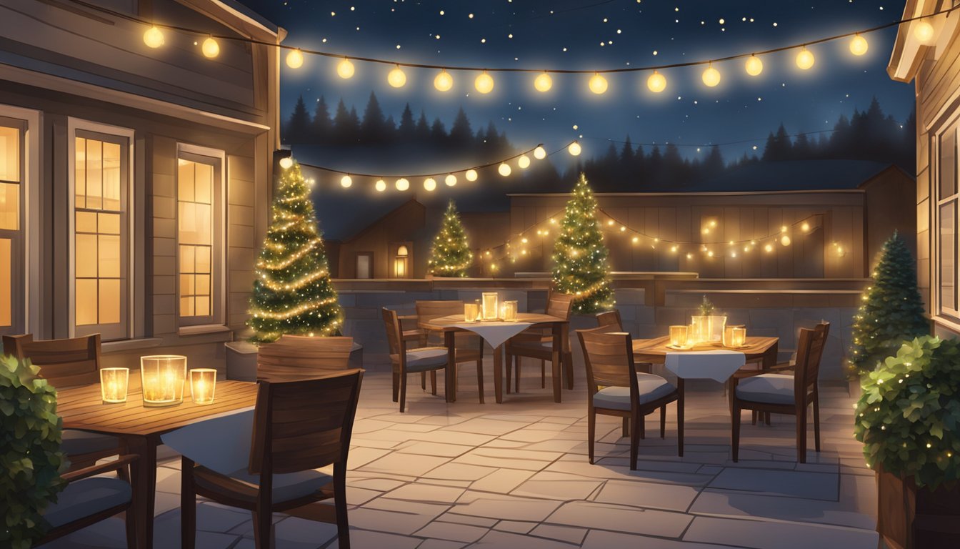 A festive outdoor patio setting with string lights, tables adorned with holiday decor, and a warm, inviting atmosphere