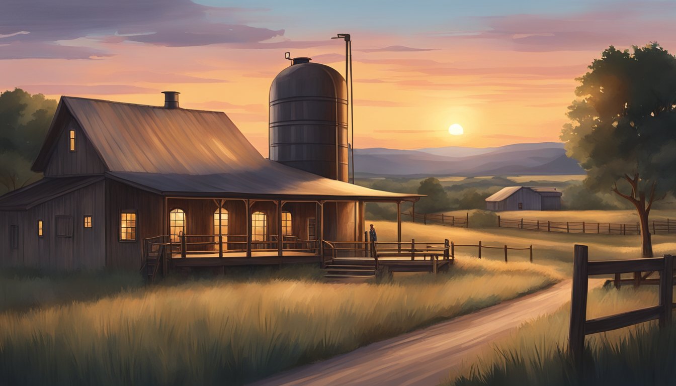 A serene evening at a Texas distillery, with rustic buildings and rolling hills in the background, as the sun sets behind the horizon