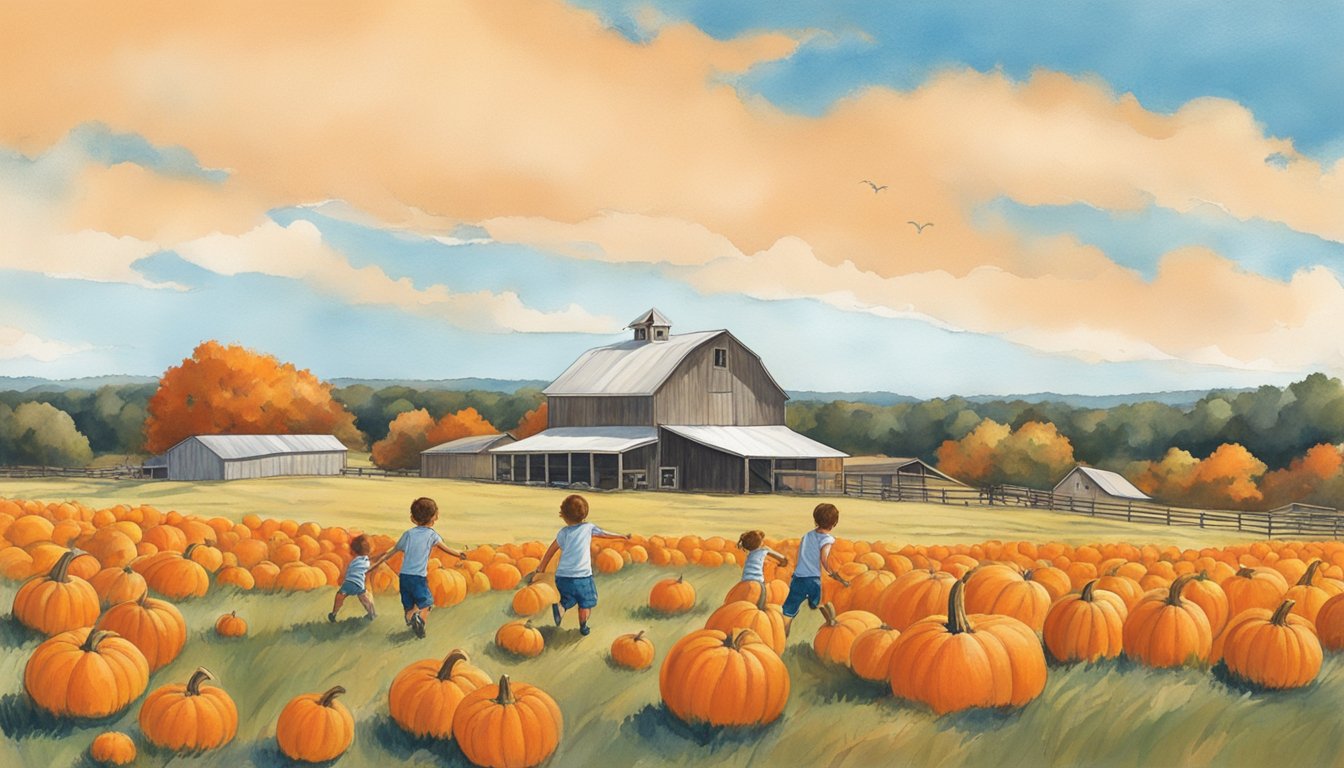 Rolling hills lined with bright orange pumpkins, children playing in the fields, a rustic barn in the distance, and a clear blue sky overhead at Barton Hill Farms in Bastrop, Texas