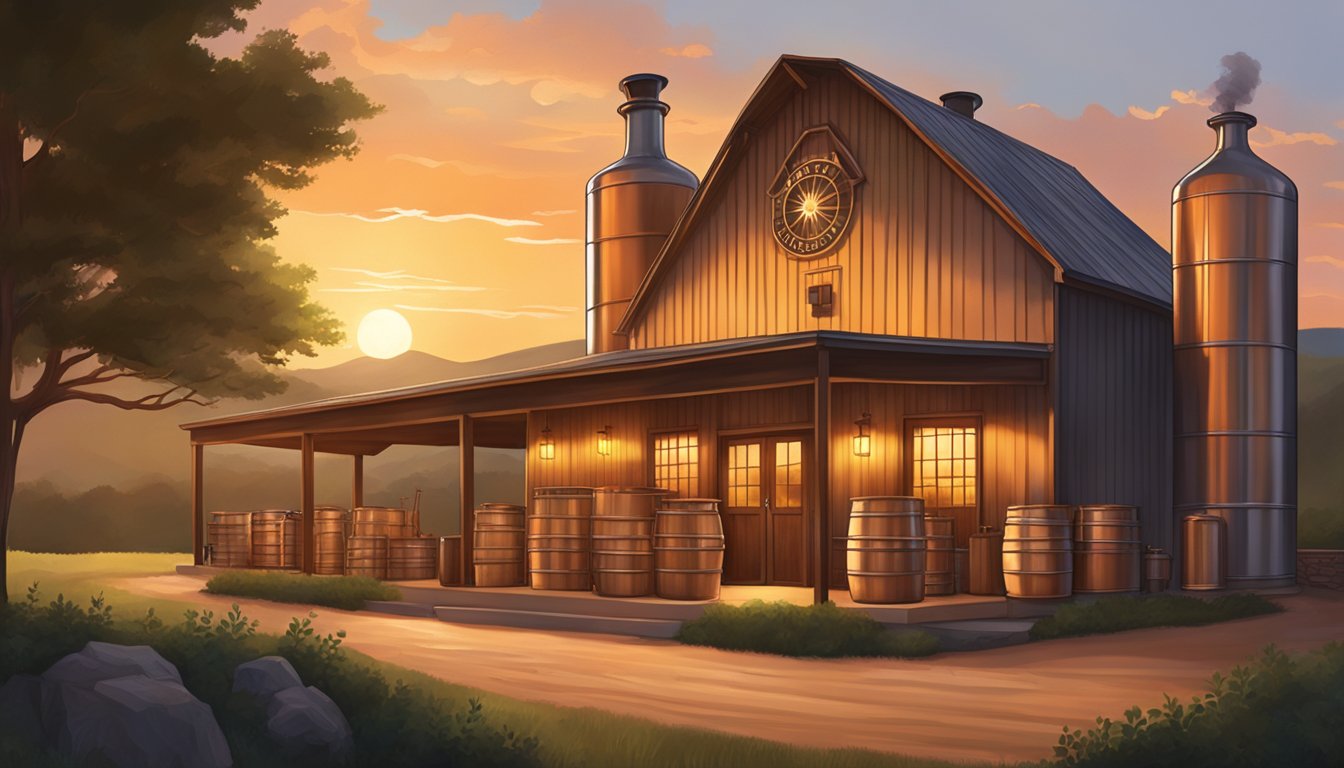 A serene evening at a Texan distillery, with a warm glow emanating from the copper stills as the sun sets over the rolling hills