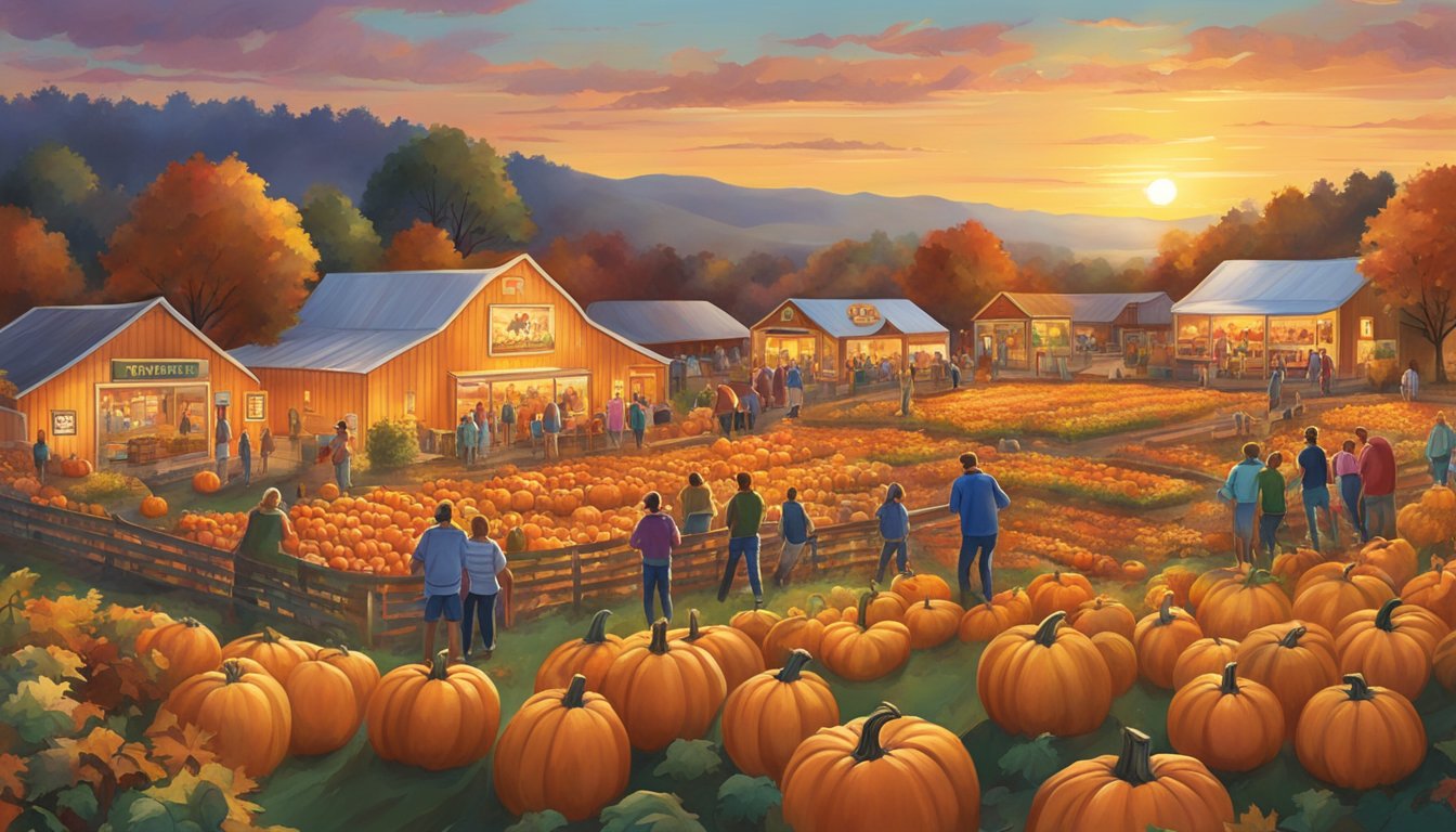 The sun sets over a sprawling pumpkin patch at YesterLand Farm, with families enjoying autumn activities and colorful displays