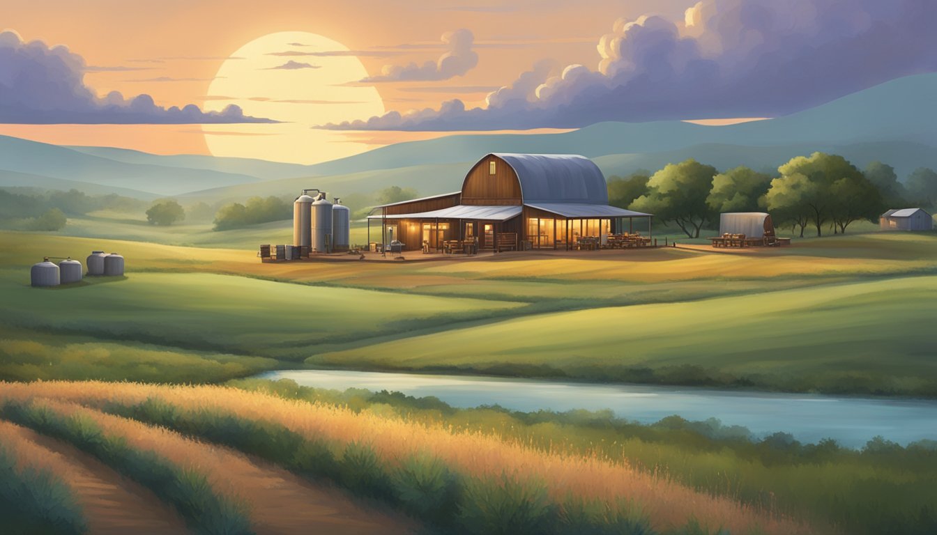 A serene Texas landscape with 10 distilleries nestled among rolling hills and fields of unique ingredients, surrounded by a peaceful evening sky