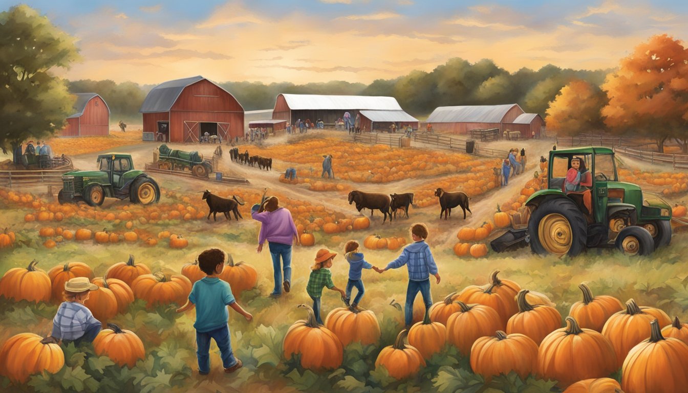 Lush pumpkin patch with families picking pumpkins, hayrides, and farm animals at Blessington Farms in Simonton, Texas