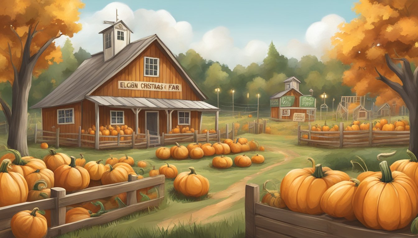 A rustic pumpkin patch with a variety of pumpkins, surrounded by trees and a sign for Elgin Christmas Tree Farm