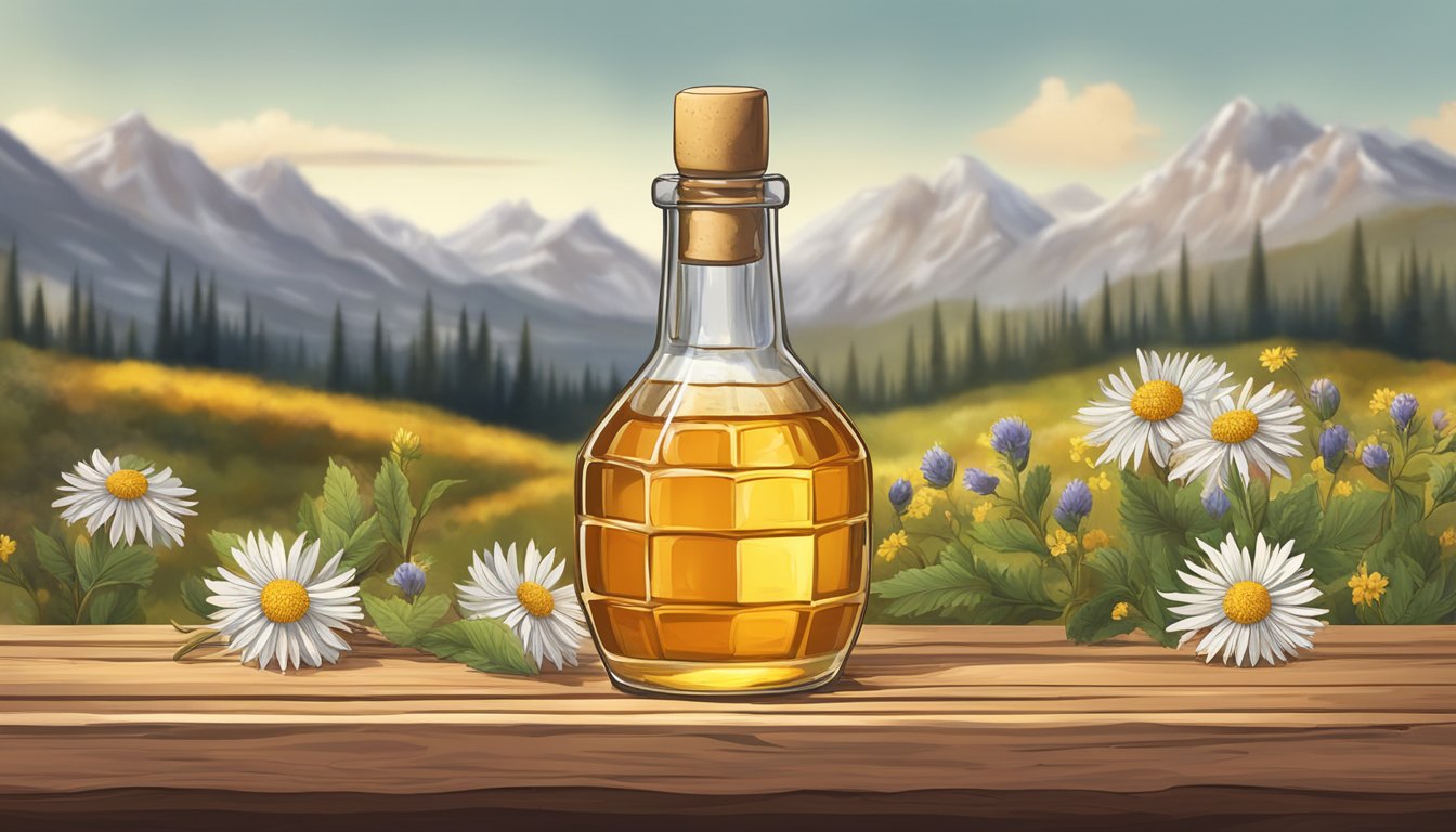 A Texan-made mead bottle on a rustic wooden table with honeycomb and wildflowers