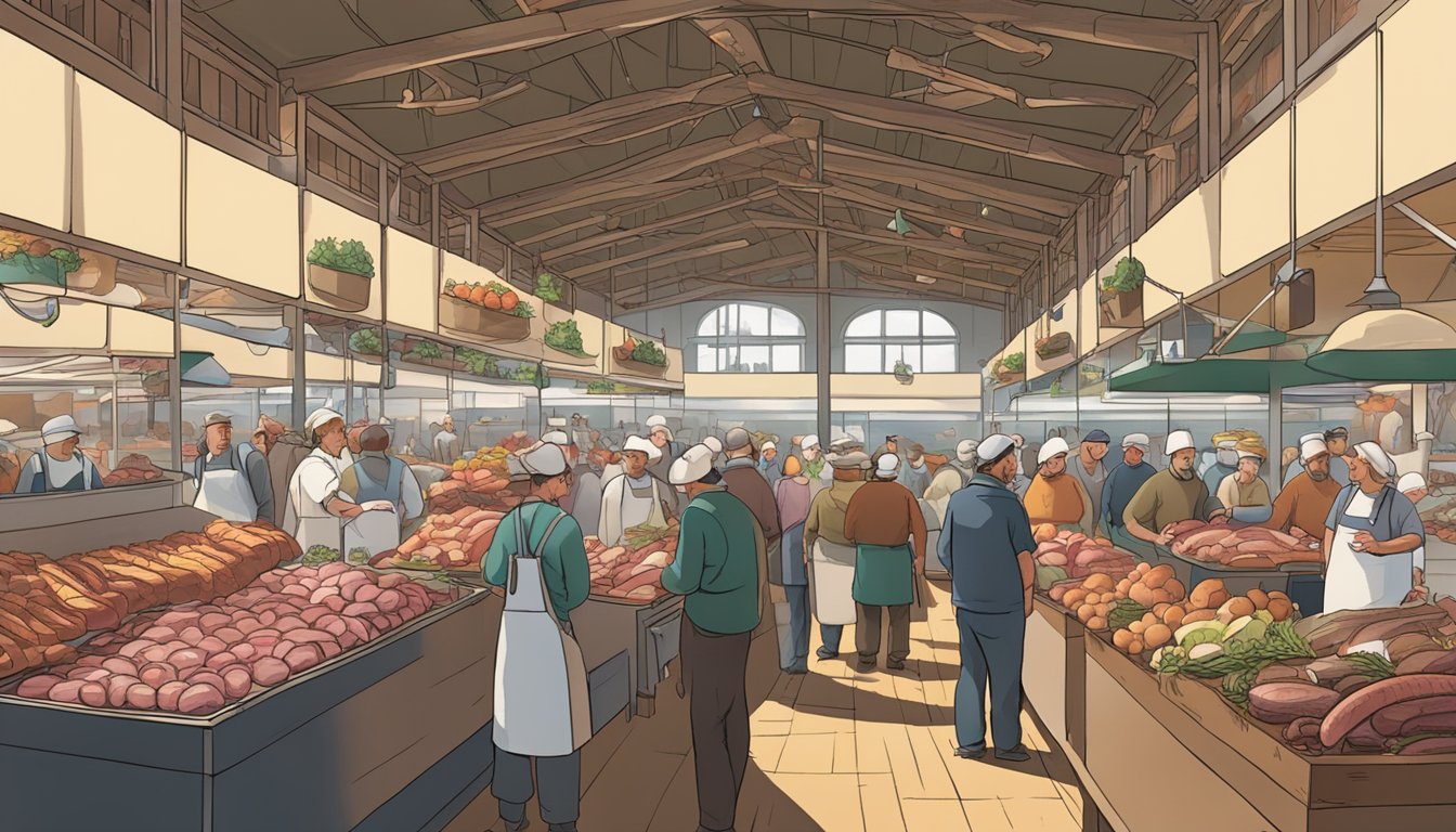 A bustling market with butcher stalls and a large sausage factory in the background, surrounded by a crowd of people browsing for farm-fresh meats