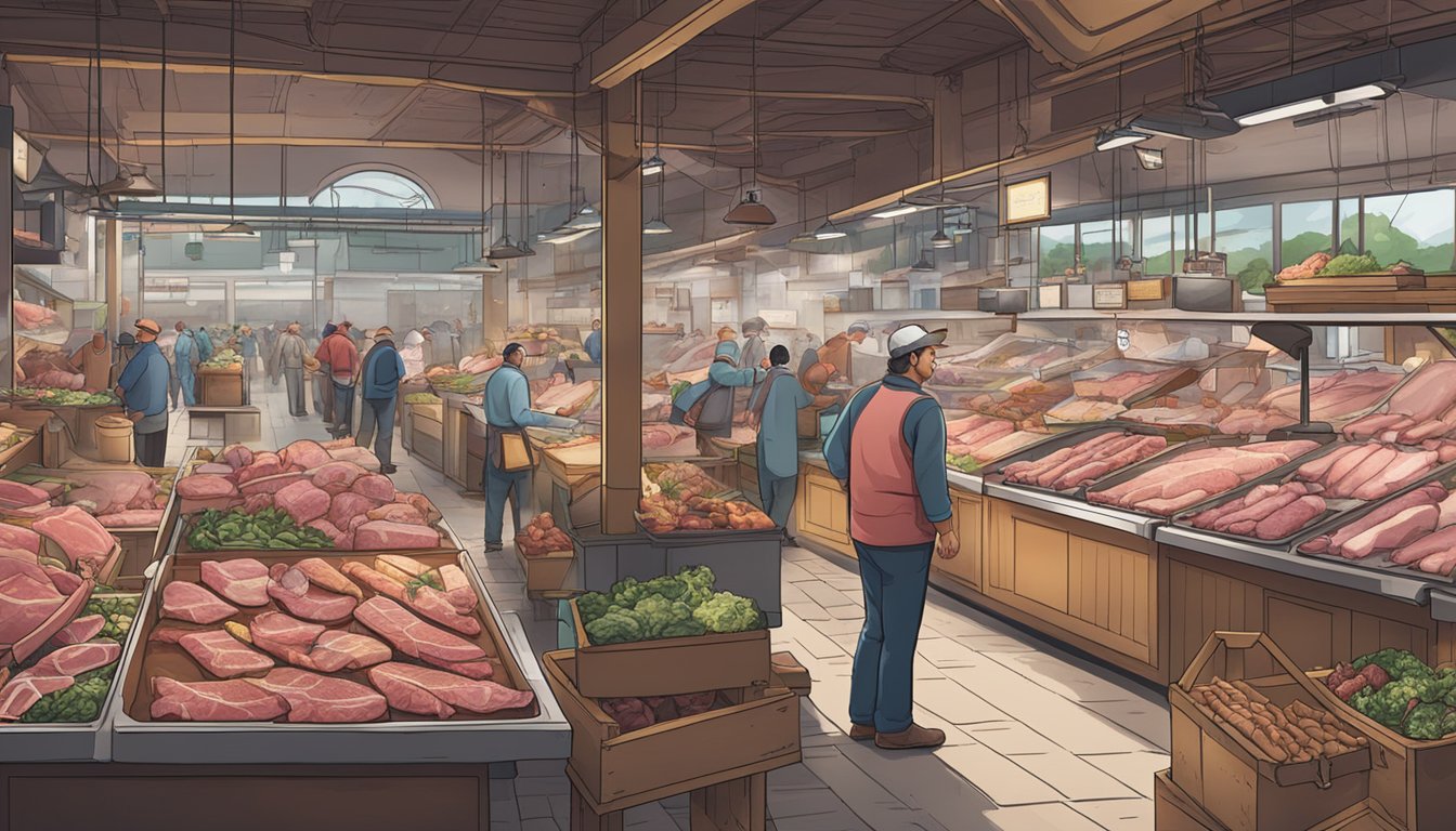 A bustling meat market with six butcher stalls, each showcasing farm-fresh meats