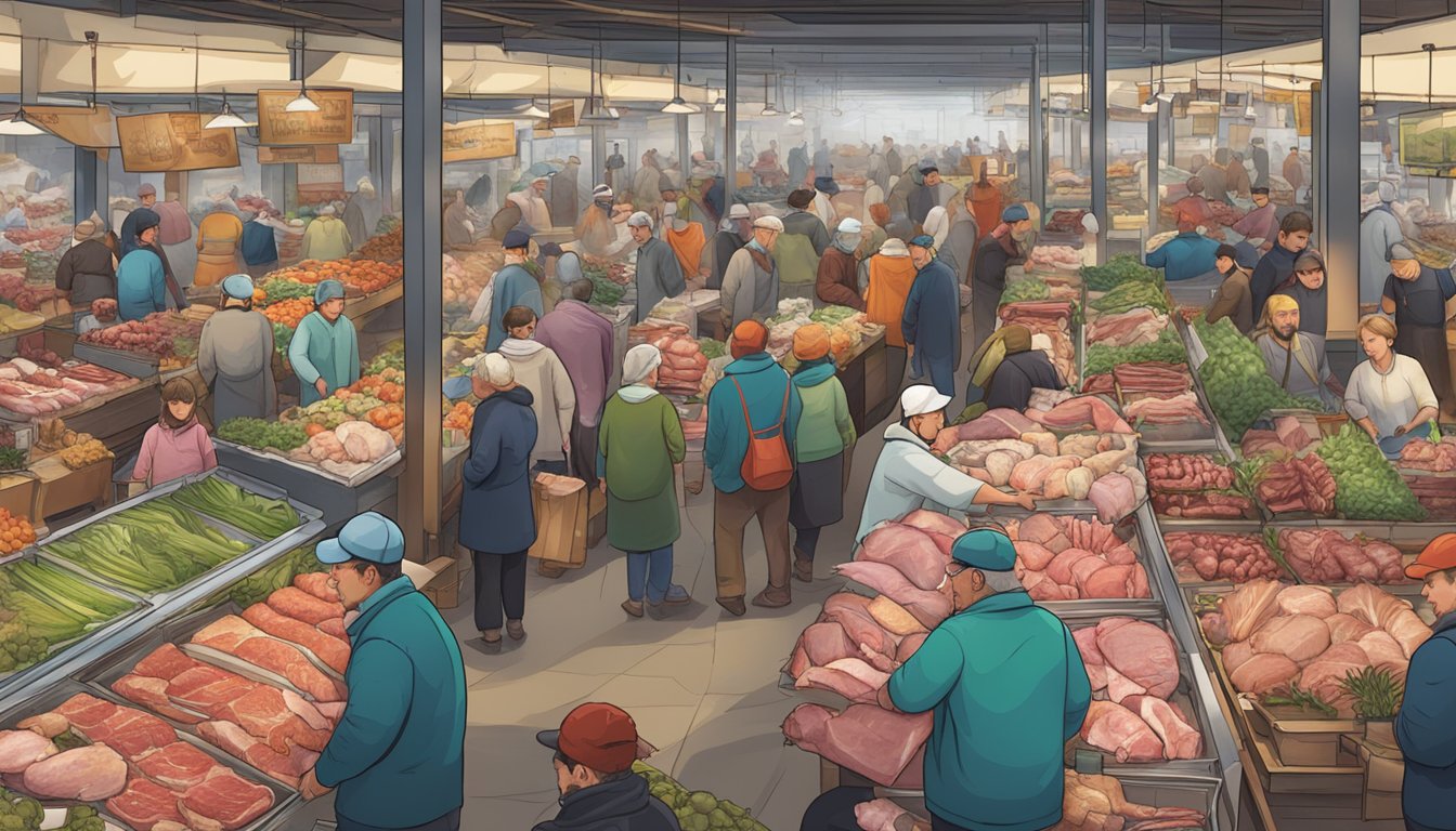 A bustling market with 6 butcher stalls, each filled with farm-fresh meats and customers browsing the selection