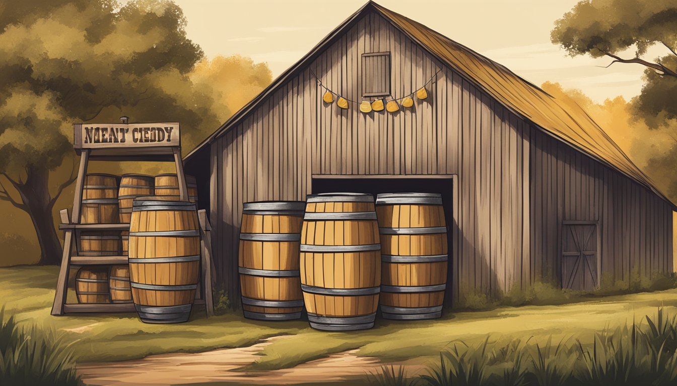 A rustic Texas barn with barrels of honey cider and a banner celebrating National Mead Day