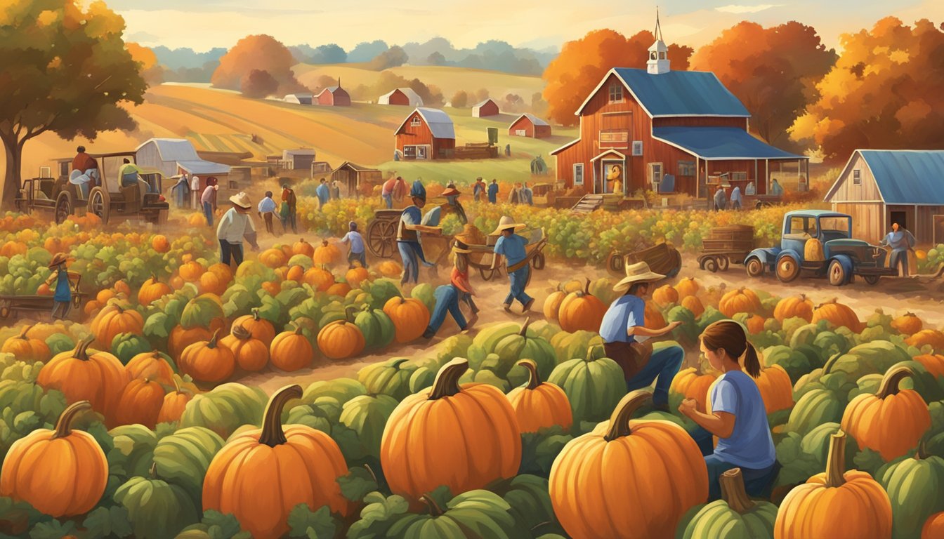 A sunny Texas pumpkin patch with families picking pumpkins, children playing, and hayrides. Cornstalks, scarecrows, and colorful gourds decorate the area