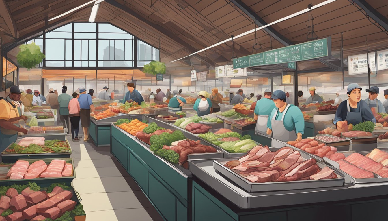 A bustling market with 6 butcher stalls, each displaying a variety of farm-fresh meats