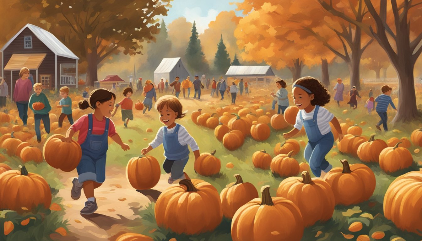 Children running through a pumpkin patch, picking out pumpkins and playing games. Families enjoying hayrides, corn mazes, and apple cider