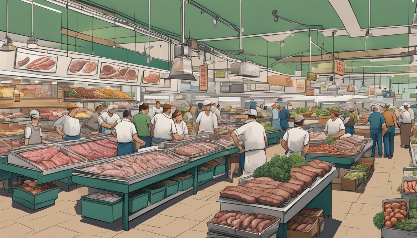 A bustling market with six butcher stalls selling farm fresh meats at Jimmy's Food Store in Dallas