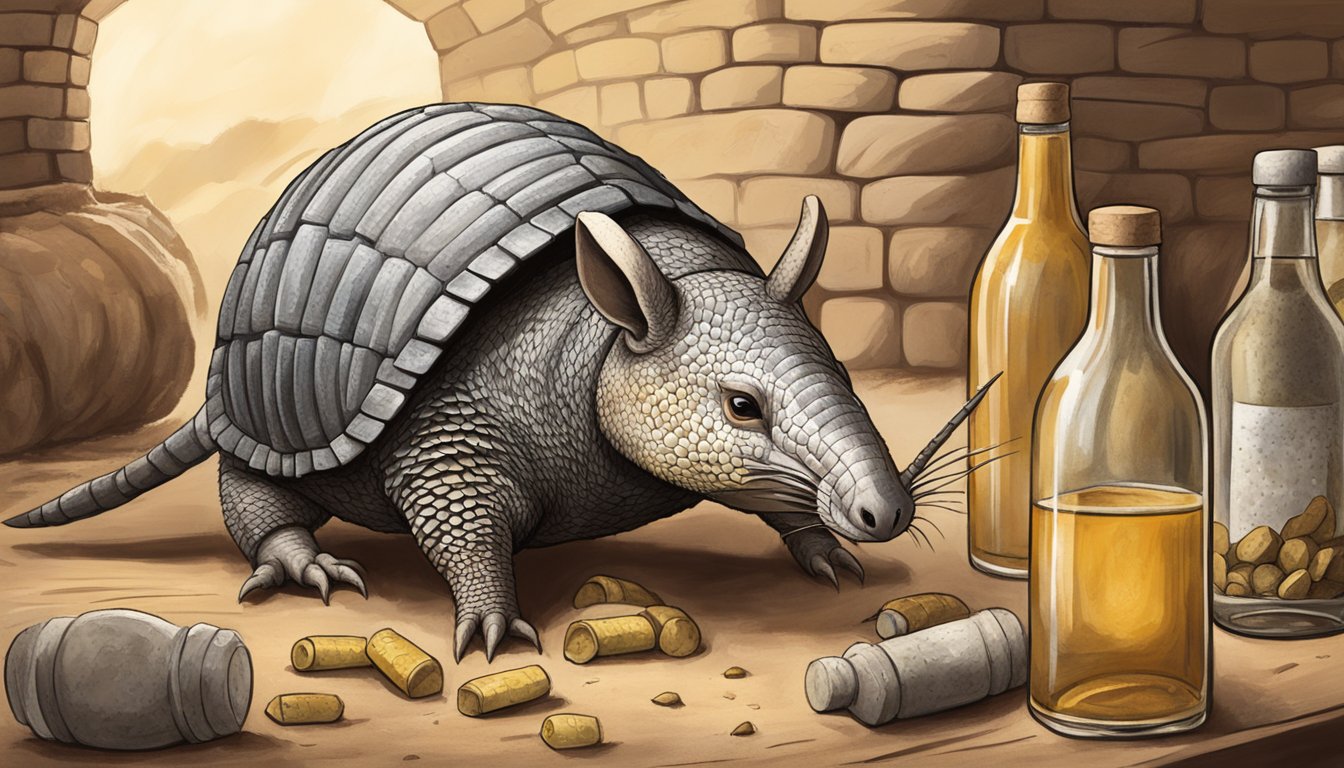 An armadillo breaks out of a dusty cellar, bottles of Texan mead scattered around, celebrating National Mead Day