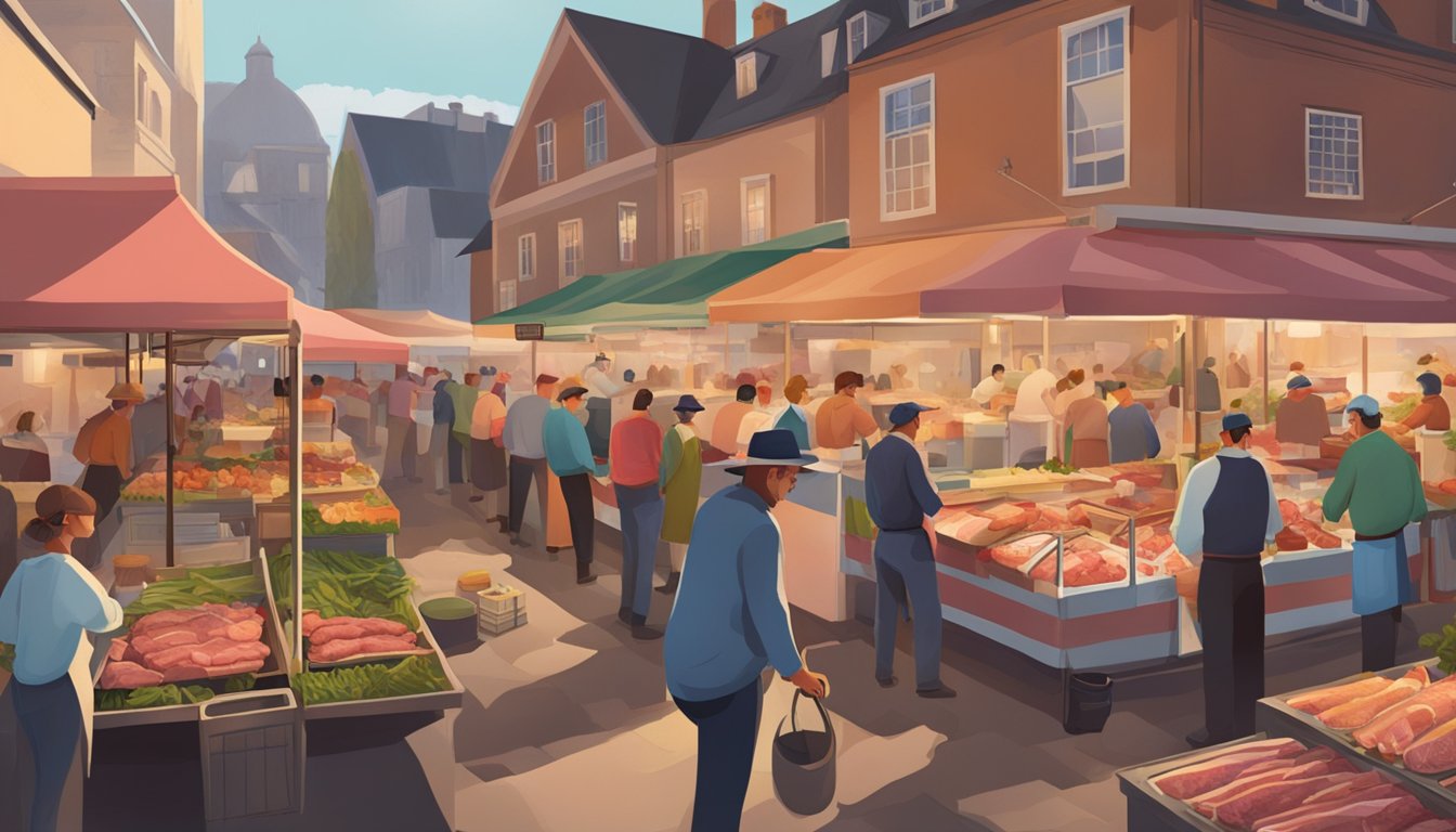 A bustling farmers market with six butcher stalls offering a variety of farm-fresh meats. The butchers are busy serving customers and the air is filled with the aroma of sizzling meats