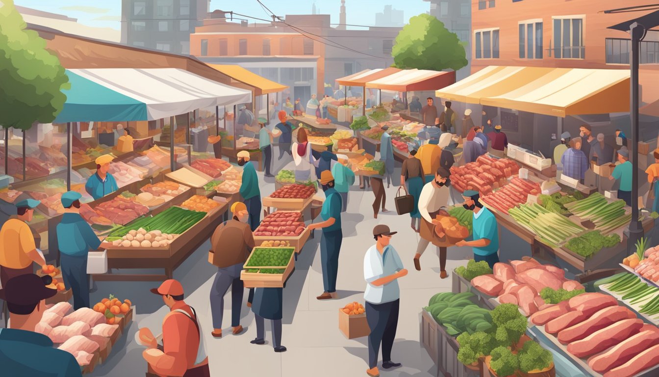 A bustling farmer's market with colorful stalls selling fresh meats, surrounded by happy customers and butchers showcasing their high-quality products