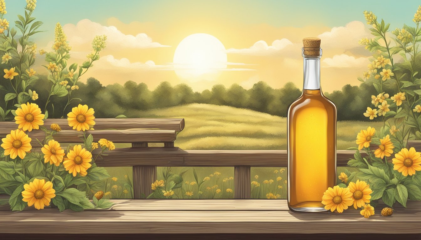 A rustic wooden table with a bottle of Savannah Bee Mead, surrounded by wildflowers and honeycomb, under a sunny Texas sky