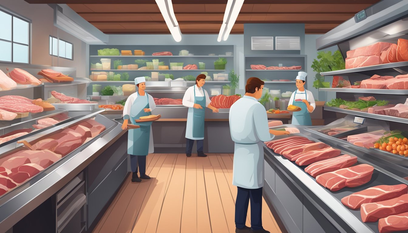 A bustling butcher shop with a display of farm-fresh meats, a clean and organized workspace, and knowledgeable staff assisting customers