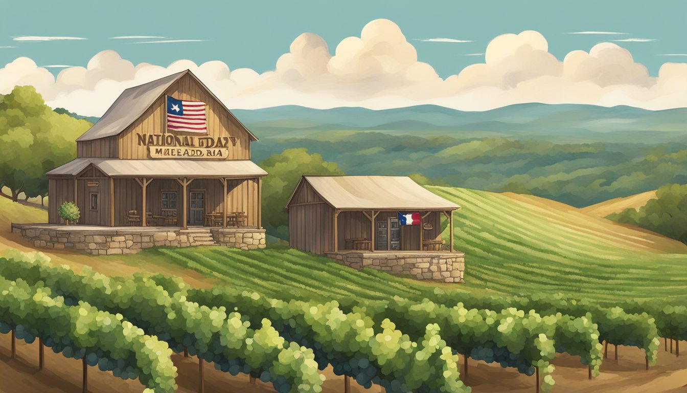 A rustic winery with a Texas flag flying, surrounded by rolling hills and vineyards, with a sign announcing National Mead Day