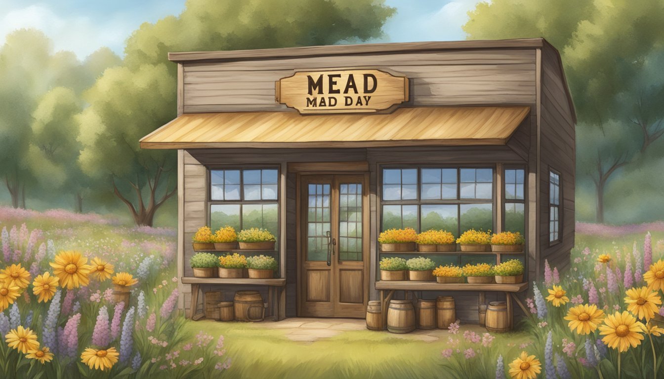 A rustic Texas Mead Works storefront with a sign celebrating National Mead Day, surrounded by fields of wildflowers and buzzing bees