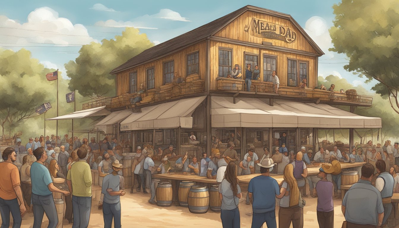 A rustic Texan mead brewery with a bustling crowd celebrating National Mead Day