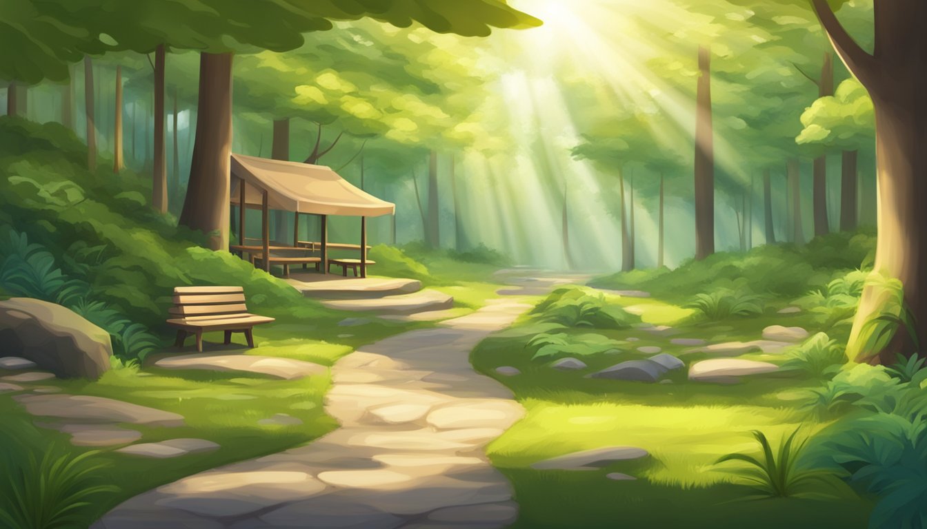 A winding trail through a lush forest, with sunlight filtering through the trees. A small picnic area with healthy snacks and refreshing drinks