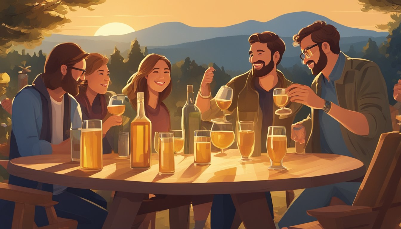 A group of people gather around a table outdoors, raising glasses of mead in celebration. The sun is setting, casting a warm glow on the scene