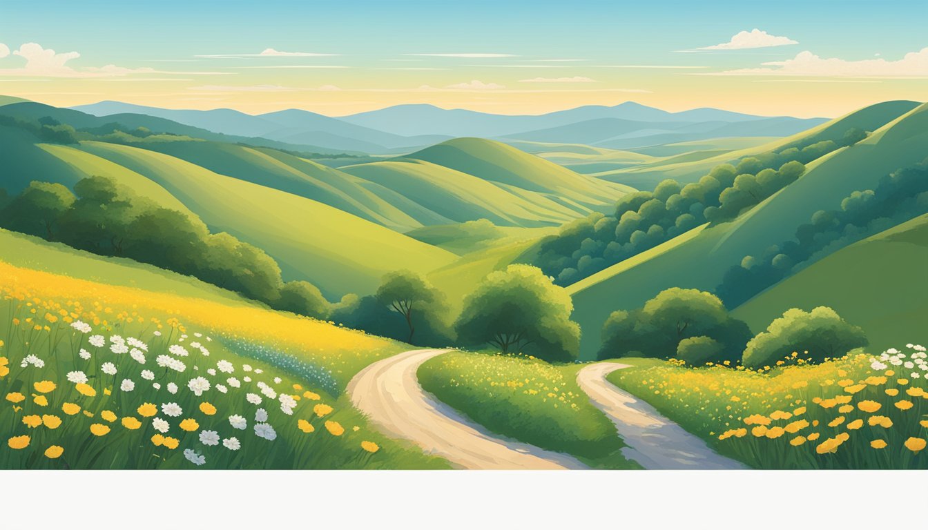 Rolling hills and lush greenery line the winding trails, with wildflowers blooming alongside. A clear blue sky stretches overhead, and the sun casts a warm glow on the landscape