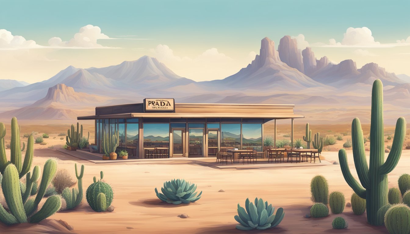 A vast desert landscape with a lone Prada store installation, surrounded by cacti and mountains. Nearby, a table is set with traditional Texan cuisine