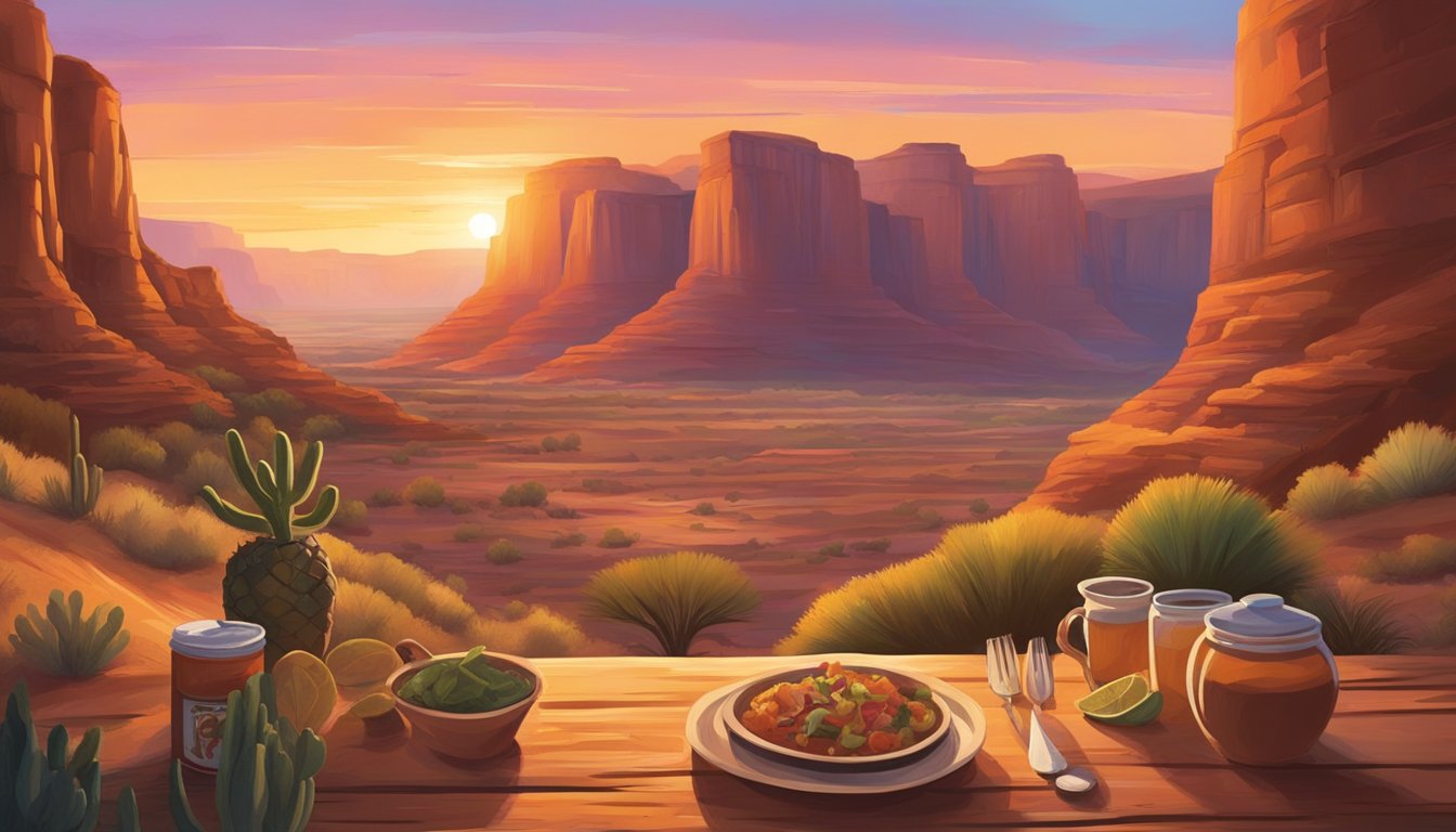 A rugged canyon rises from the desert floor, framed by the vibrant hues of the setting sun. Nearby, a spread of Tex-Mex cuisine awaits on a rustic table