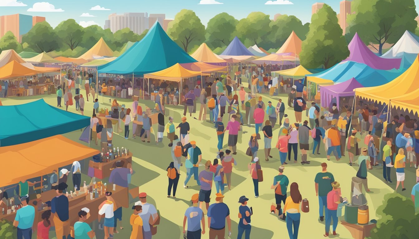 A bustling craft beer festival in Fort Worth, with rows of colorful tents and a diverse crowd enjoying pints from local breweries