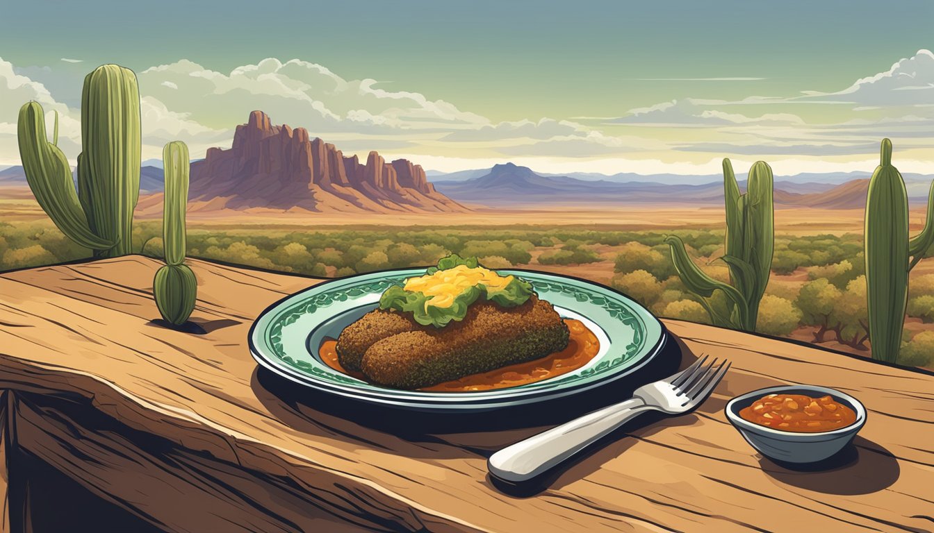 A colorful plate of Chili Relleno sits on a rustic table, surrounded by the vast and rugged landscapes of West Texas