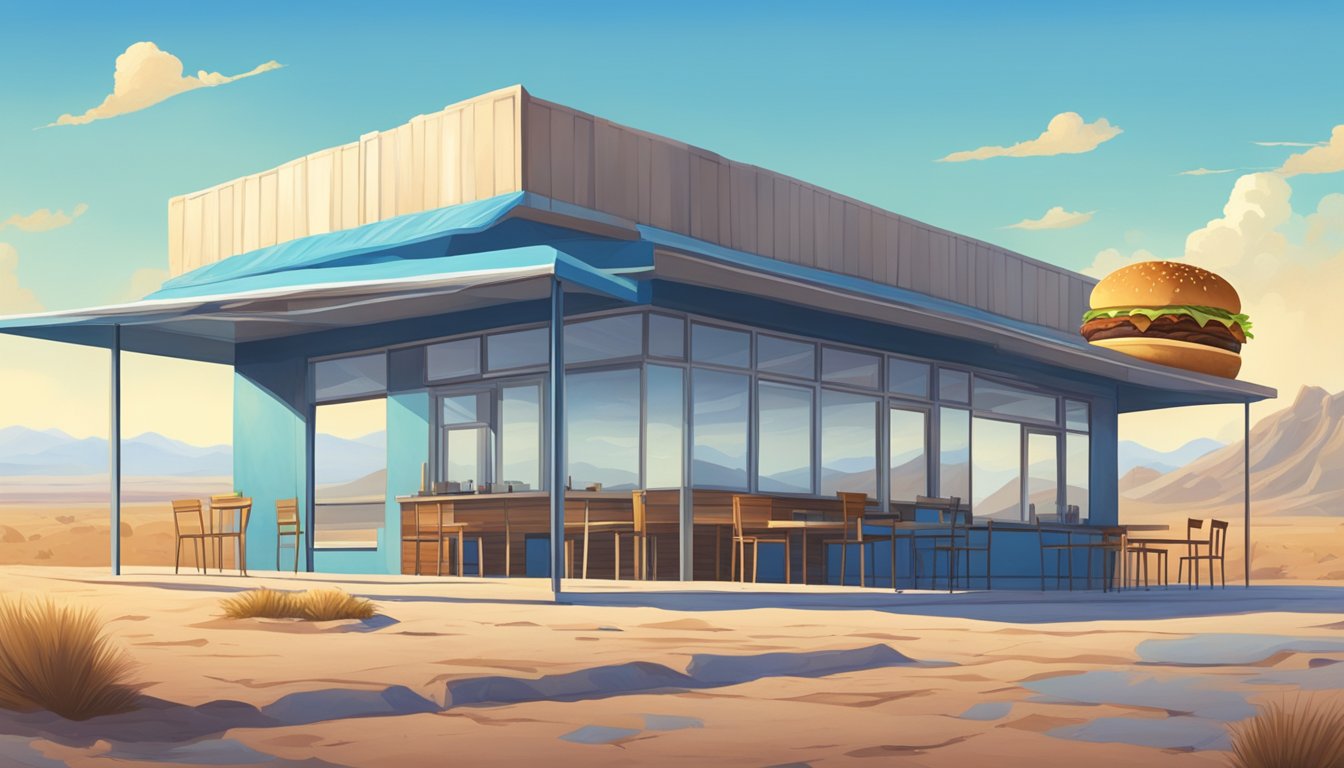 A wide-open, dusty landscape with a lone burger joint under a bright blue sky