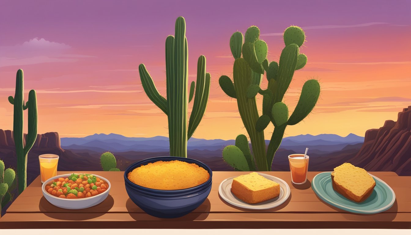 A rugged canyon landscape with prickly pear cacti, mesquite trees, and a colorful sunset. A table set with traditional Texan cuisine, including barbecue and cornbread