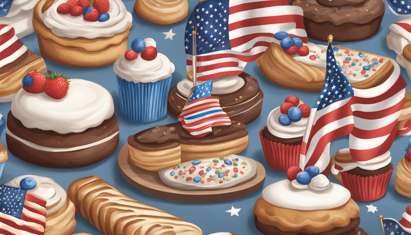 A bustling bakery with a patriotic display of red, white, and blue treats, adorned with American flags and a "Veteran Owned" sign