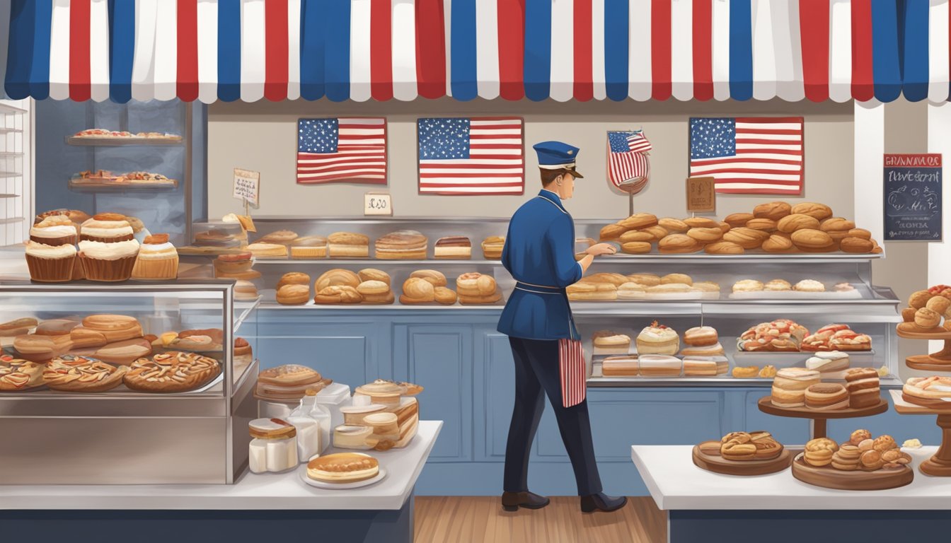 A bustling bakery with a patriotic theme, featuring red, white, and blue decor, and a display of delicious treats in honor of Veterans Day