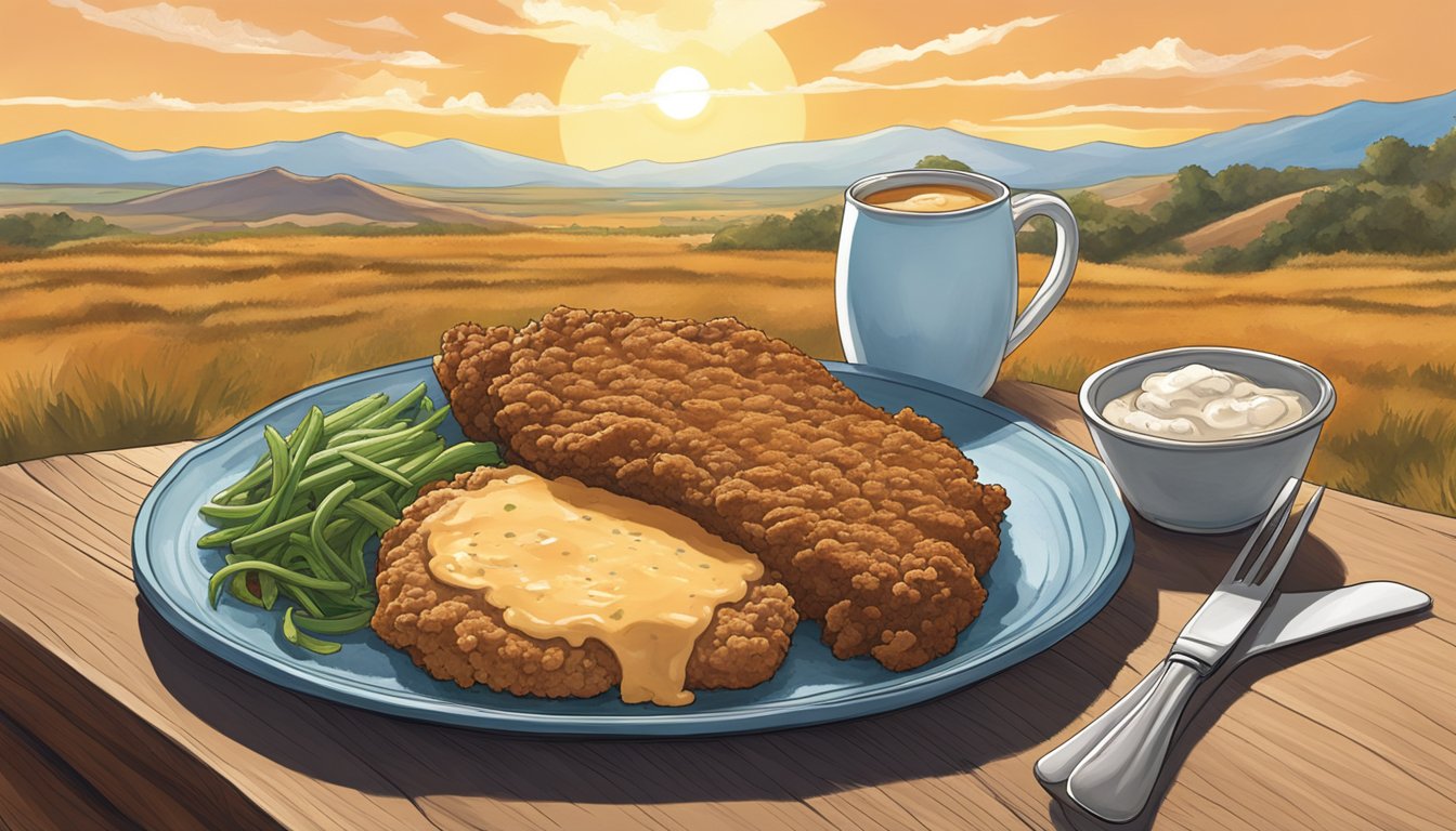 A sizzling chicken fried steak on a rustic plate, surrounded by a landscape of rolling West Texas hills and a big blue sky