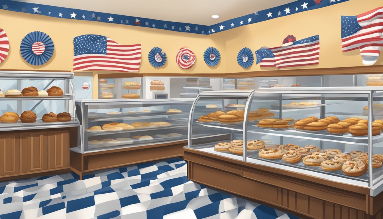 The bustling interior of Sweet Fuzzies Bakery in Houston, Texas, filled with the warm aroma of freshly baked goods and adorned with patriotic decorations in honor of Veterans Day