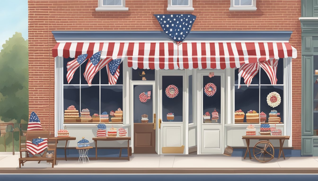 A cozy bakery with a patriotic theme, featuring American flags and military memorabilia. Sweet treats are displayed in the window, with a line of customers waiting to purchase