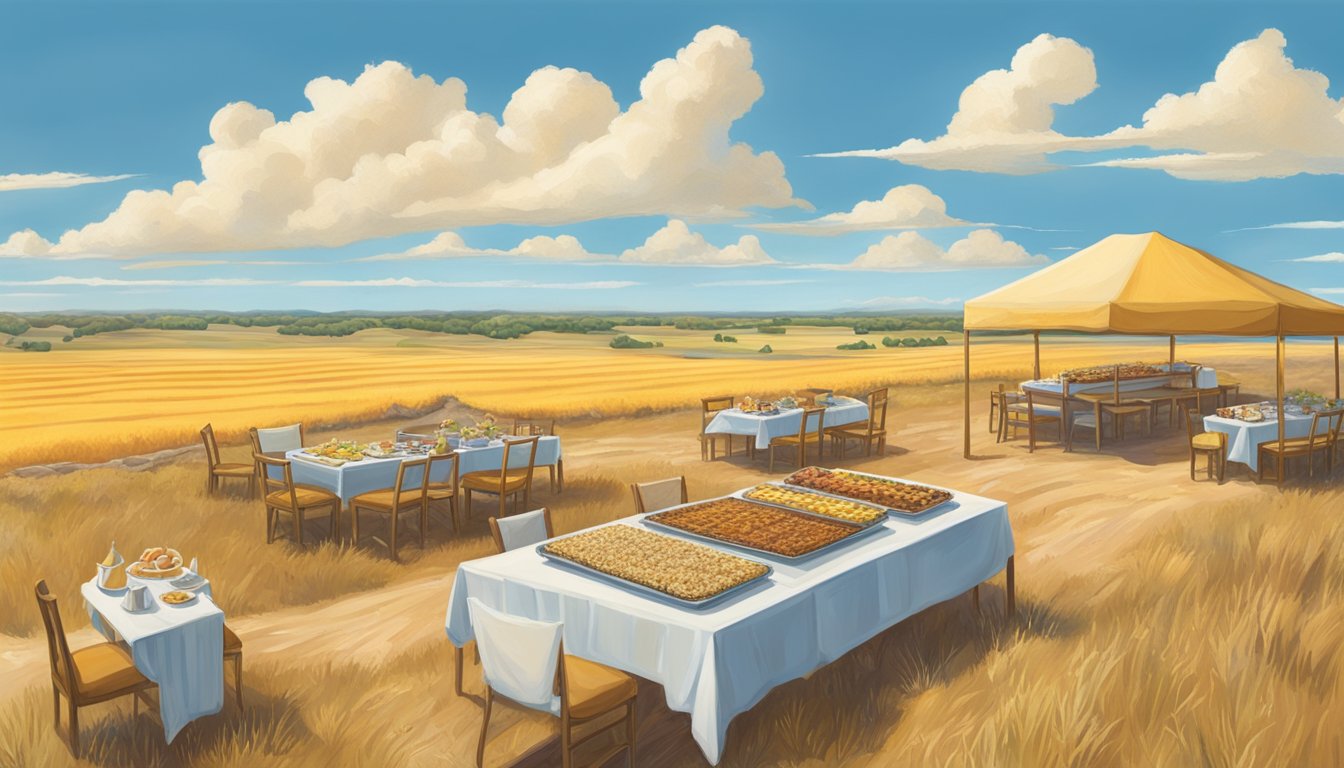 A vast, golden landscape stretches under a big, blue sky. In the foreground, a table is set with a decadent Texas Sheet Cake and other local foods