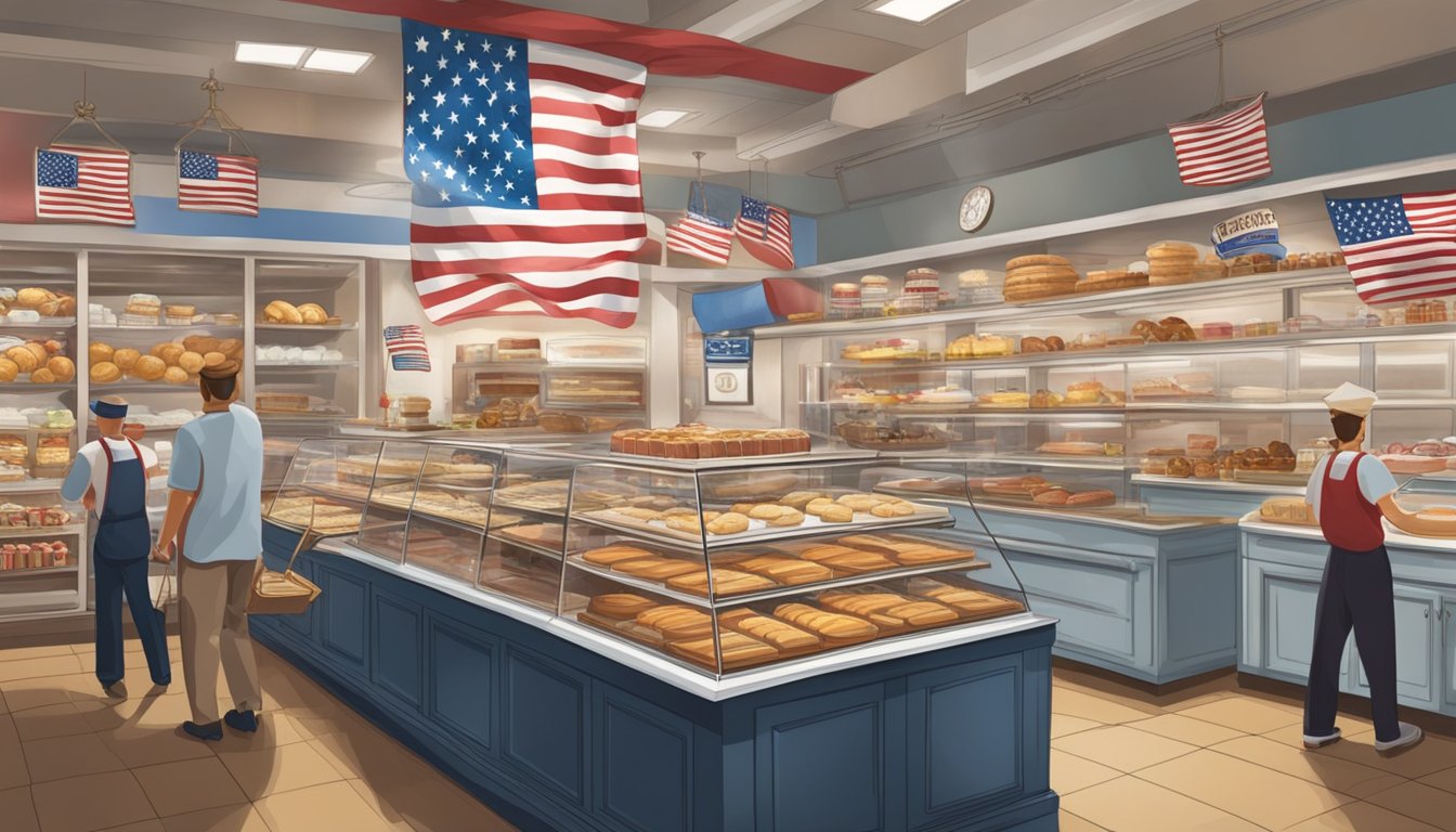 A bustling bakery with a patriotic theme, featuring American flags and military memorabilia. Display cases are filled with an array of delectable sweets