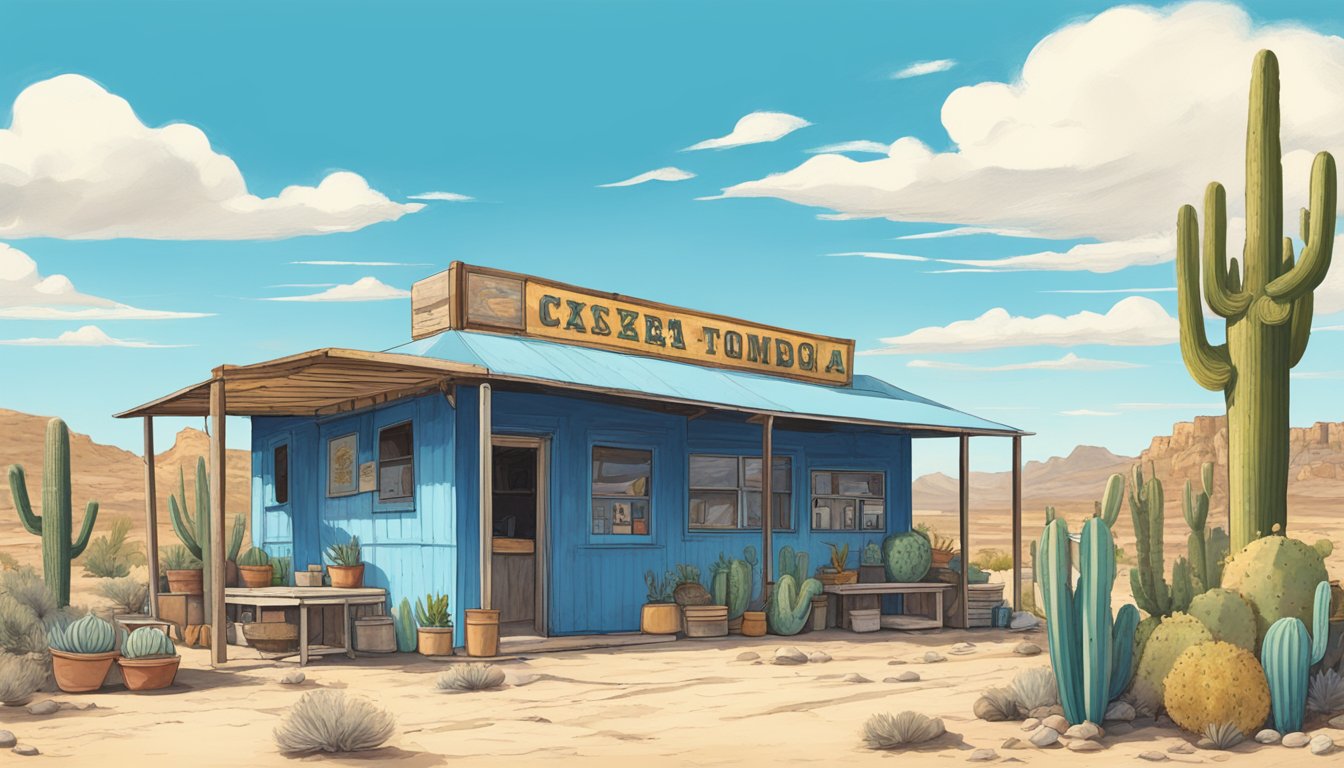 A desert landscape with abandoned buildings, cacti, and a Tex-Mex food stand under a bright blue sky in Terlingua Ghost Town, West Texas