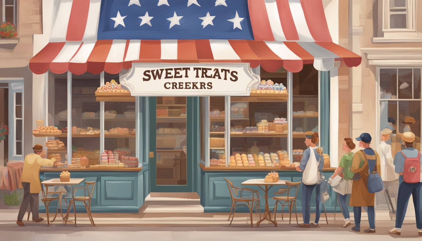 A quaint bakery with a "Sweet Treats" sign, surrounded by Texas flags and a line of customers, some in military attire