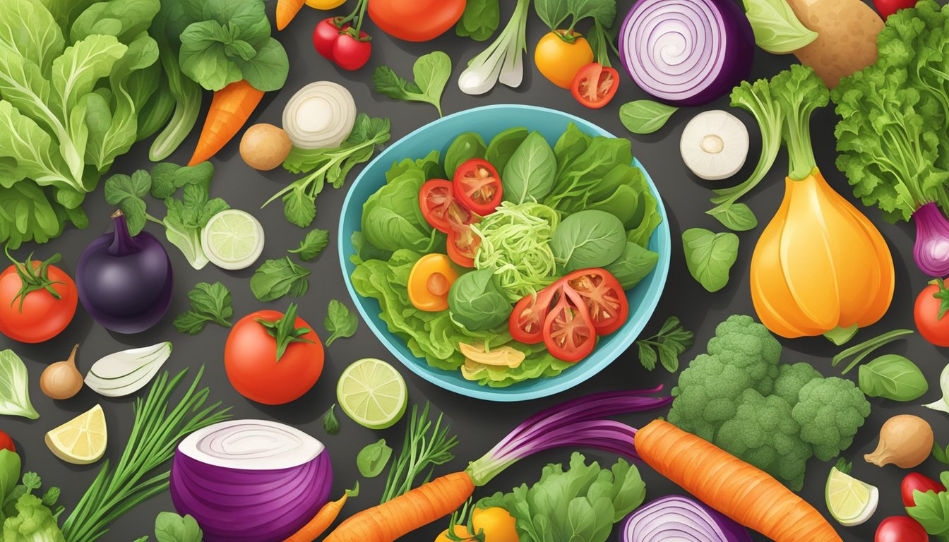 A vibrant salad bowl surrounded by fresh ingredients and herbs, with a variety of colorful vegetables and leafy greens