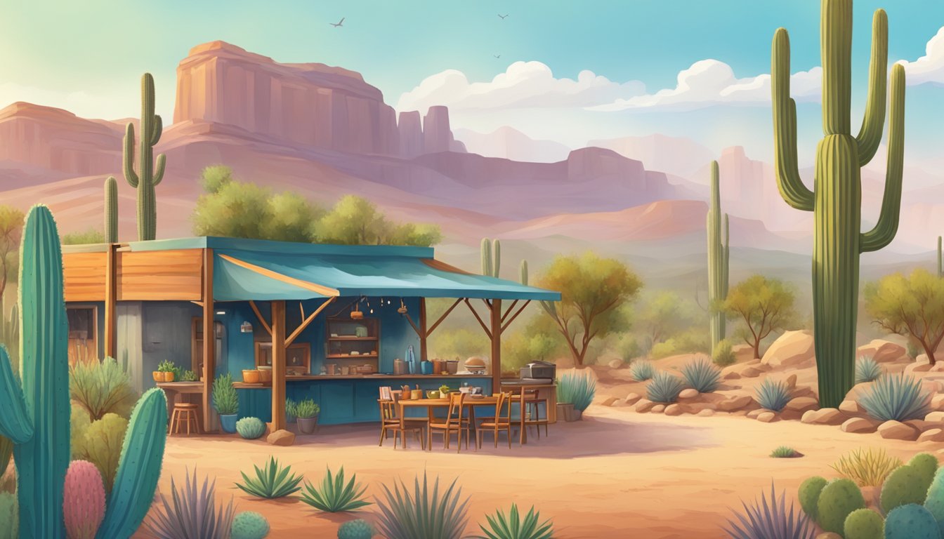 A colorful desert landscape with cacti, mesas, and a rustic outdoor kitchen featuring traditional Texan cuisine